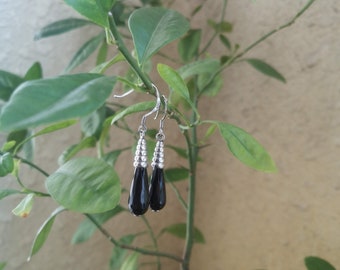 Crystal cut Water drop shape Onyx Dangle Silver Earrings