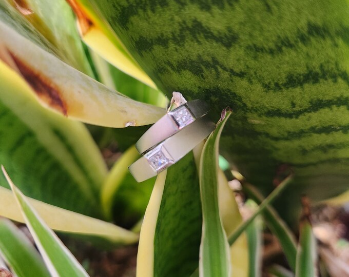 Matte Platinum Square Diamonds Couple Ring set