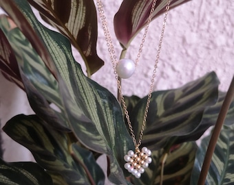 Heart Shape Pearl Pendant with 2 Layered Pearl Gold Necklace