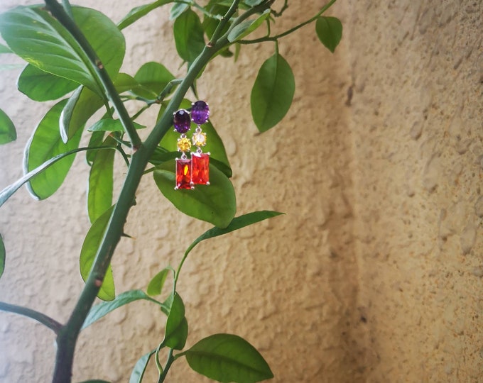 Multi color Stones Dangle Earring (Purple, Yellow, Orange)