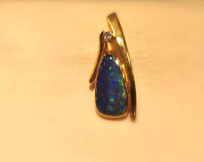 Blue Green Opal with Diamond Gold Pendant