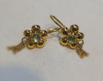 Green Stone Flower Tassel Gold Earrings