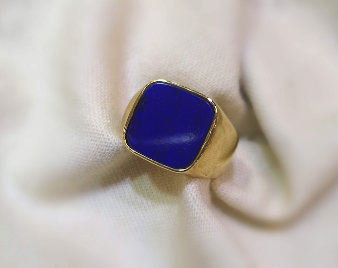 Square Flat Lapis Lazuli Statement Gold Ring