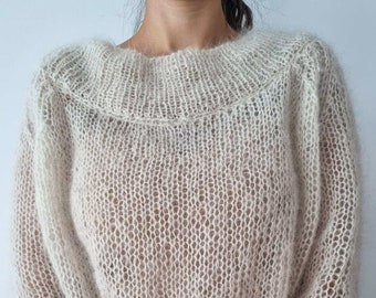 Chunky mockneck sweater, Off white mohair pullover, Hand knit sweater ready to buy, Fuzzy fall winter jumper, Custom knit sweater