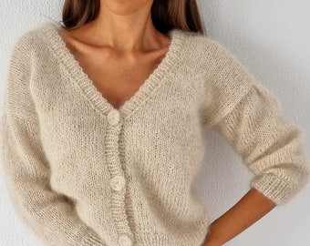 Kid Mohair Cardigan Sweater for Women, Hand Knit Designer Sweater