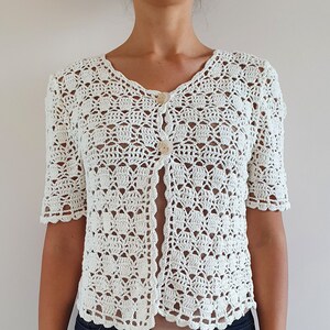 Crochet bolero jacket for women, Short sleeve cotton cardigan, Flower cardigan, Short sleeve handmade white top, Lightweight overcoat