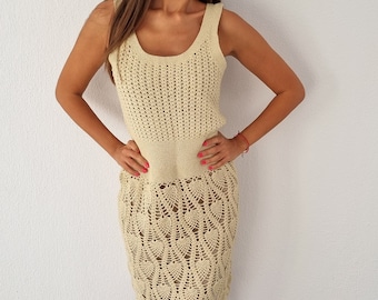Vestido de crochet para mujer, Vestido maxi sin mangas, Túnica de punto de algodón, Vestido boho