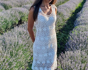 Vestido blanco de crochet para mujer, Vestido de punto de algodón hecho a mano, Túnica de punto bohemia, Vestido de encaje de verano de punto