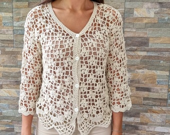 Cardigan crocheté à manches longues pour femme, Boléro en coton écru, Veste boutonnée légère à col en V tricotée à la main