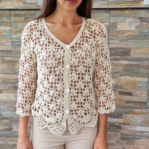 Long sleeve Crocheted cardigan for women, Ecru cotton bolero, Hand knit Lightweight V neck buttoned jacket