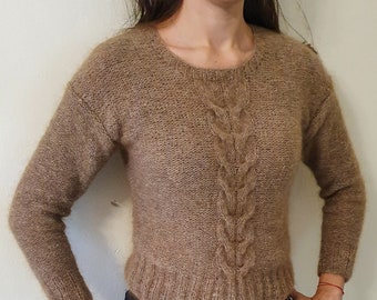 Cable knit mohair sweater for women, Fuzzy sweater, Brown pullover, Cozy sweater, Fluffy hand knit blouse