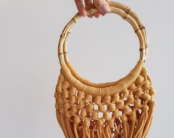 Hand crocheted bamboo handles bag for women, ready to buy macrame bag, Summer grocery handmade bag