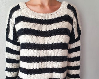Alpaca sweater, Wool knit oversized pullover, Hand knit jumper, Black and white wool blend blouse