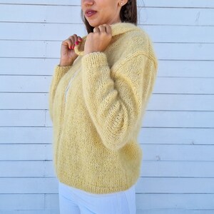 Mohair cardigan with hoodie and zipper, Fuzzy sweater, Mohair sweater hand knit, Loose knit top image 3