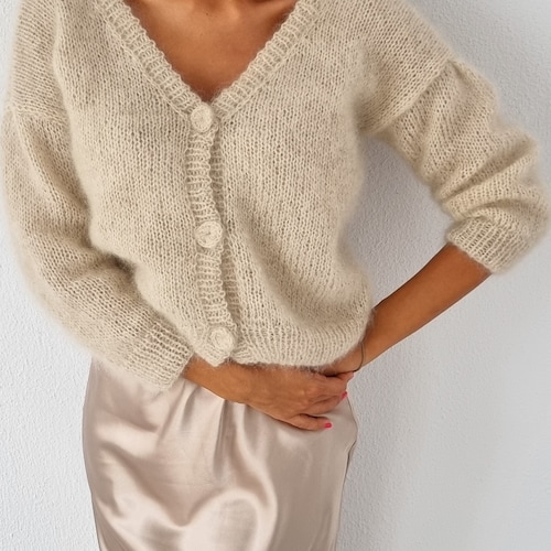 Kid Mohair Cardigan Sweater for Women, Hand Knit Designer Sweater