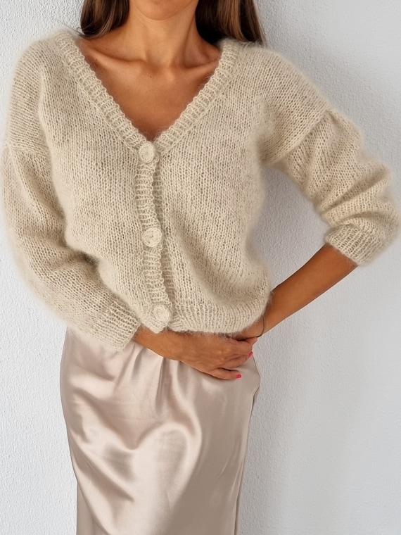 Kid Mohair Cardigan Sweater for Women Hand Knit Designer Sweater Chunky Knit Fluffy Jumper Light Gray Buttoned Cardi Etsy UK