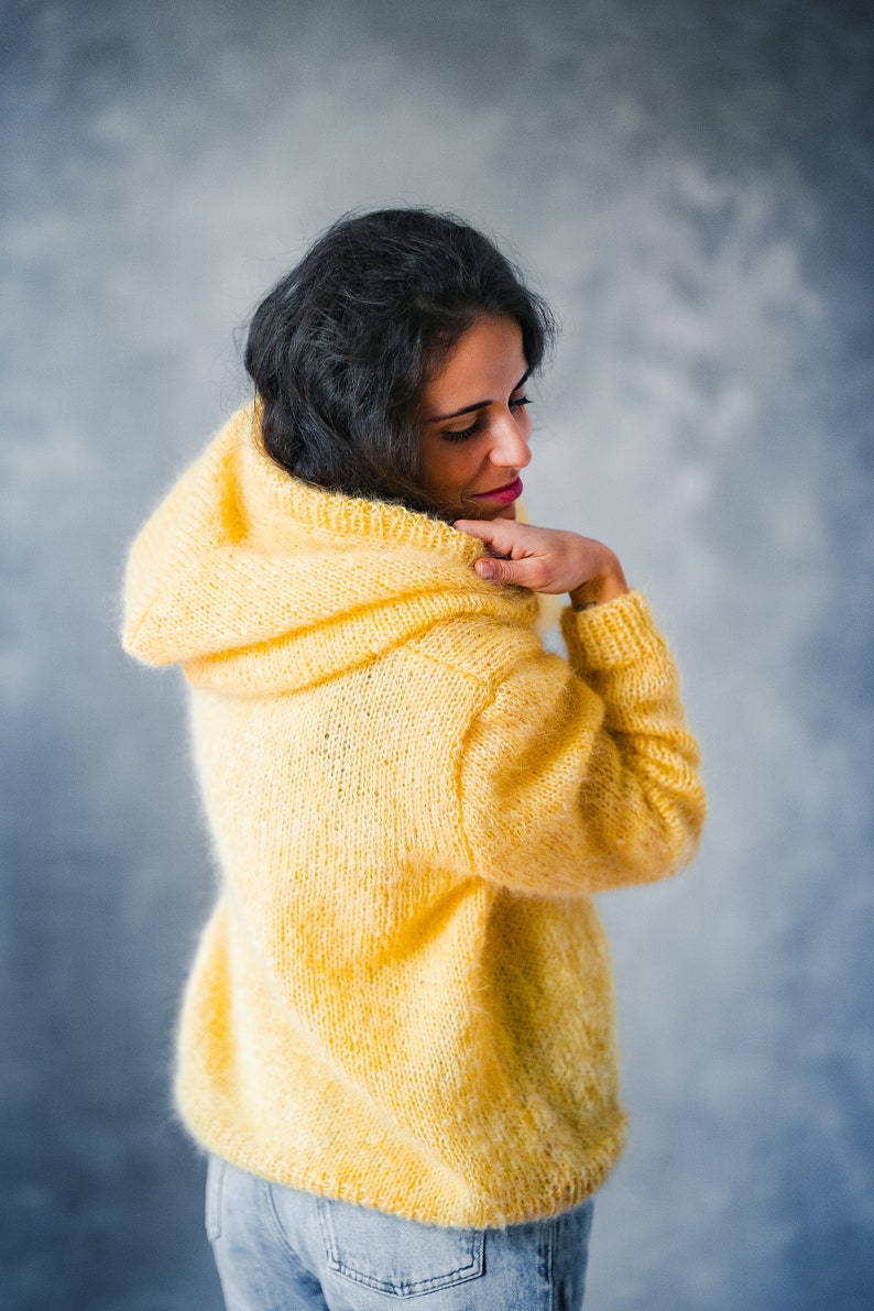 Hooded sweater for women, Oversized mohair cardigan, y2k hoodie, Knitted poncho, Chunky knit fuzzy sweater, Hooded wool top image 6