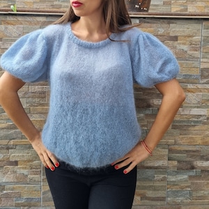Puffy short sleeves mohair sweater for women, Fluffy hand knit pullover, Fuzzy pullover, Balloon sleeve top, Handknit mohair blouse