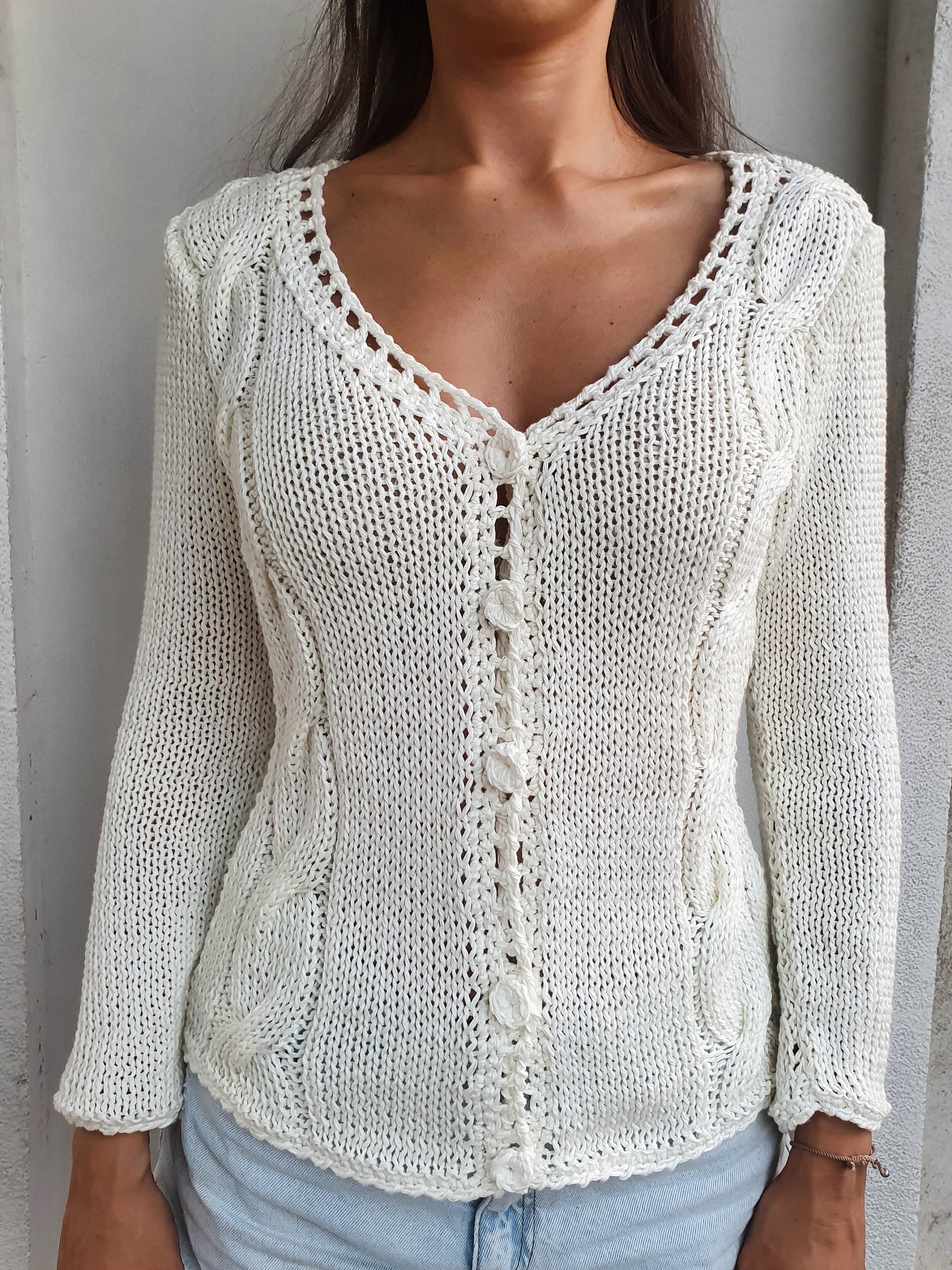 V Neck Cardigan Sweater for Women, Cotton Knit Long Sleeve Jacket, Lightweight Buttoned Up Handmade Top