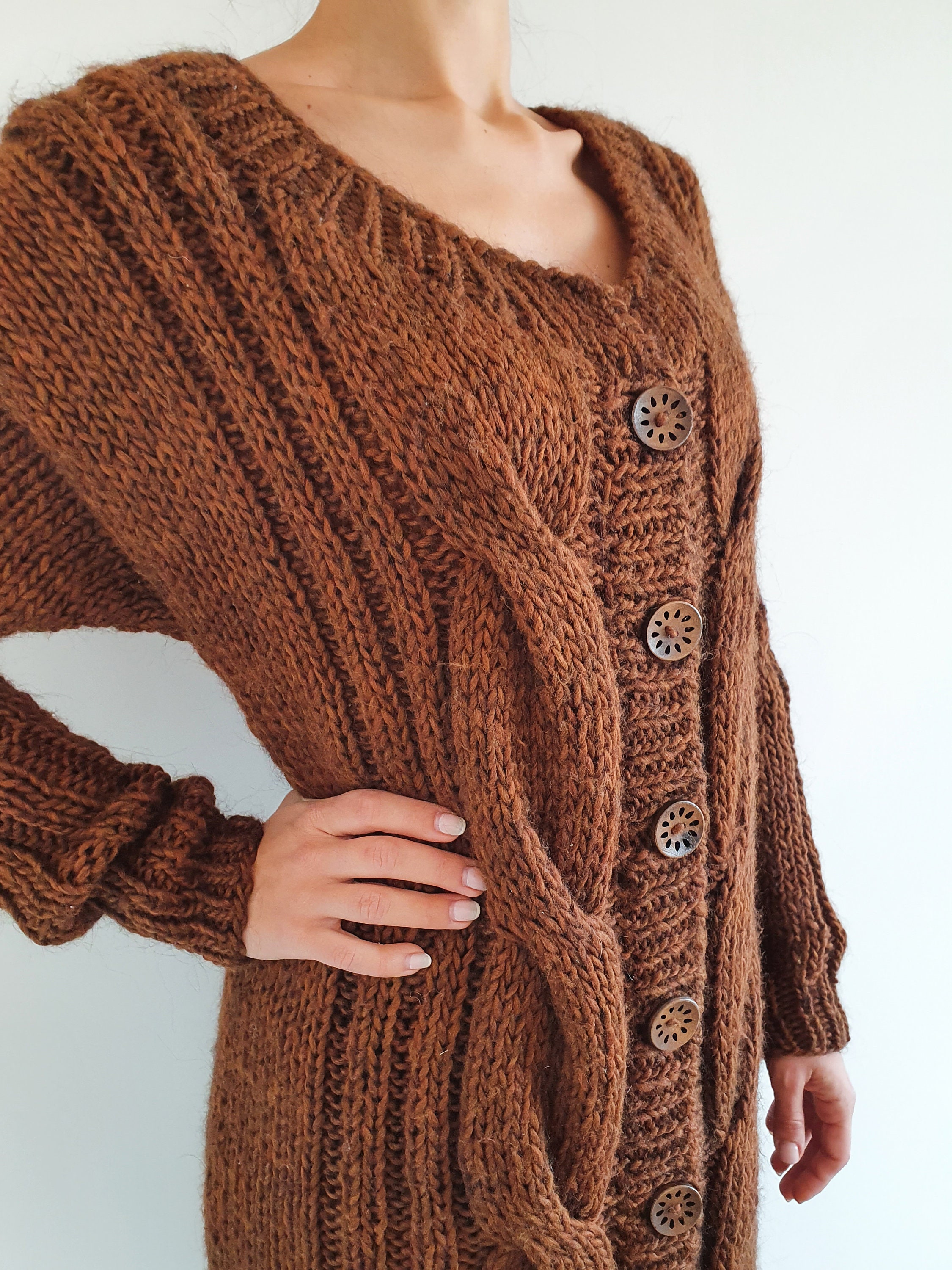 Brown wool cardigan for women Long cardigan sweater Knitted | Etsy