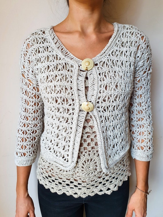 Linen Cardigan With Buttons, Linen Knit Top, Hand Crocheted Jacket