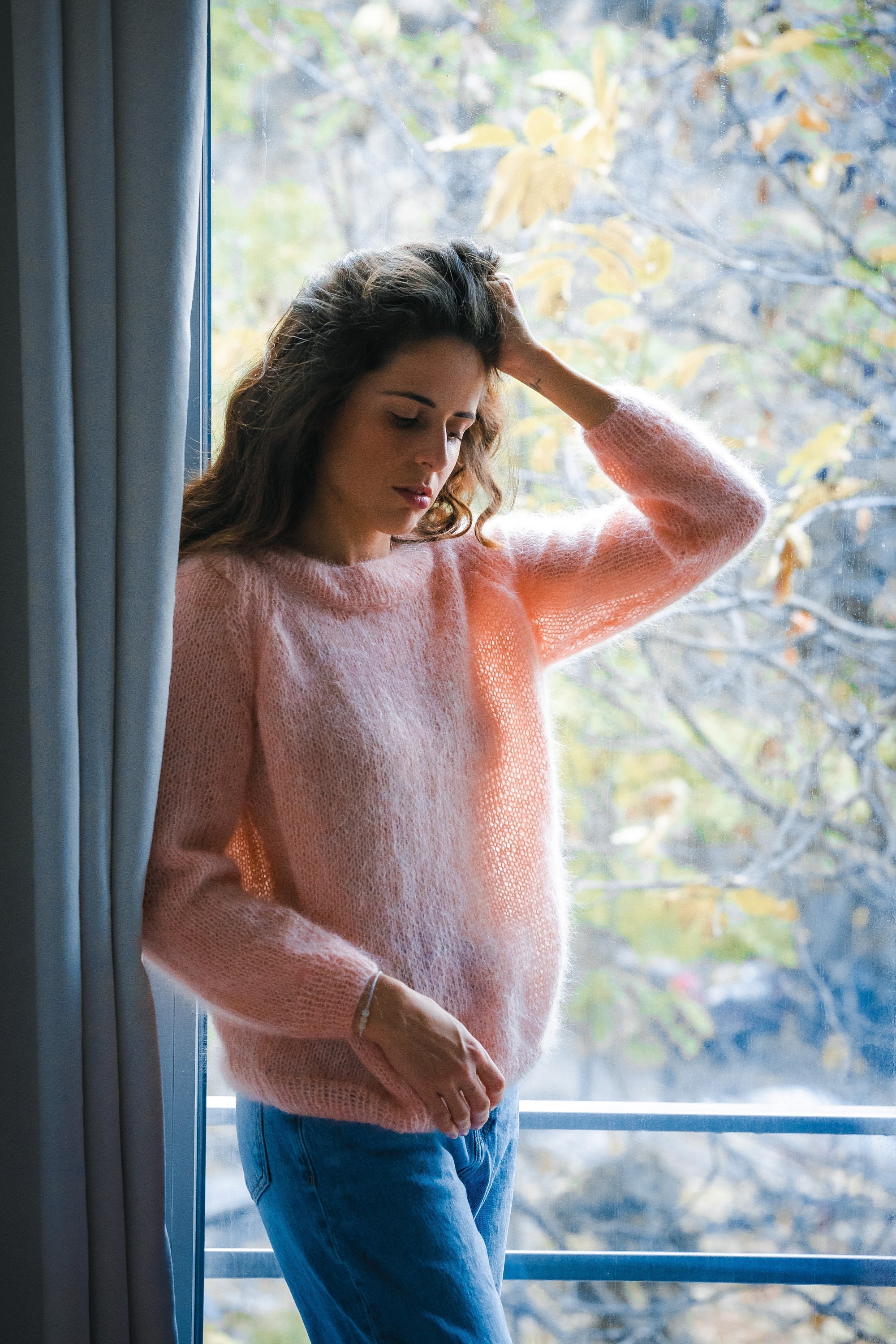 Y2k Sweater for Women, Pink Mohair Pullover, Fluffy Mock Neck Top