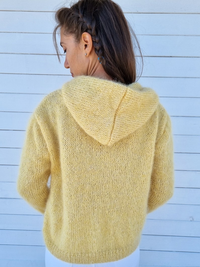 Mohair cardigan with hoodie and zipper, Fuzzy sweater, Mohair sweater hand knit, Loose knit top image 4