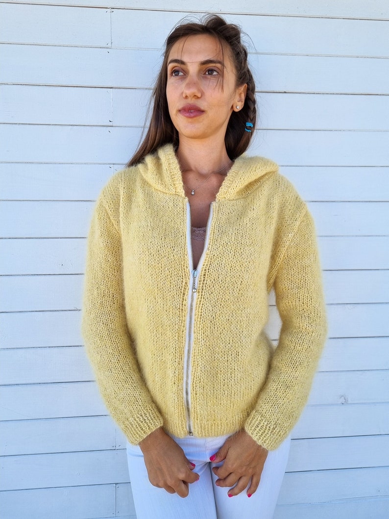 Mohair cardigan with hoodie and zipper, Fuzzy sweater, Mohair sweater hand knit, Loose knit top Yellow
