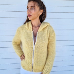 Mohair cardigan with hoodie and zipper, Fuzzy sweater, Mohair sweater hand knit, Loose knit top image 5