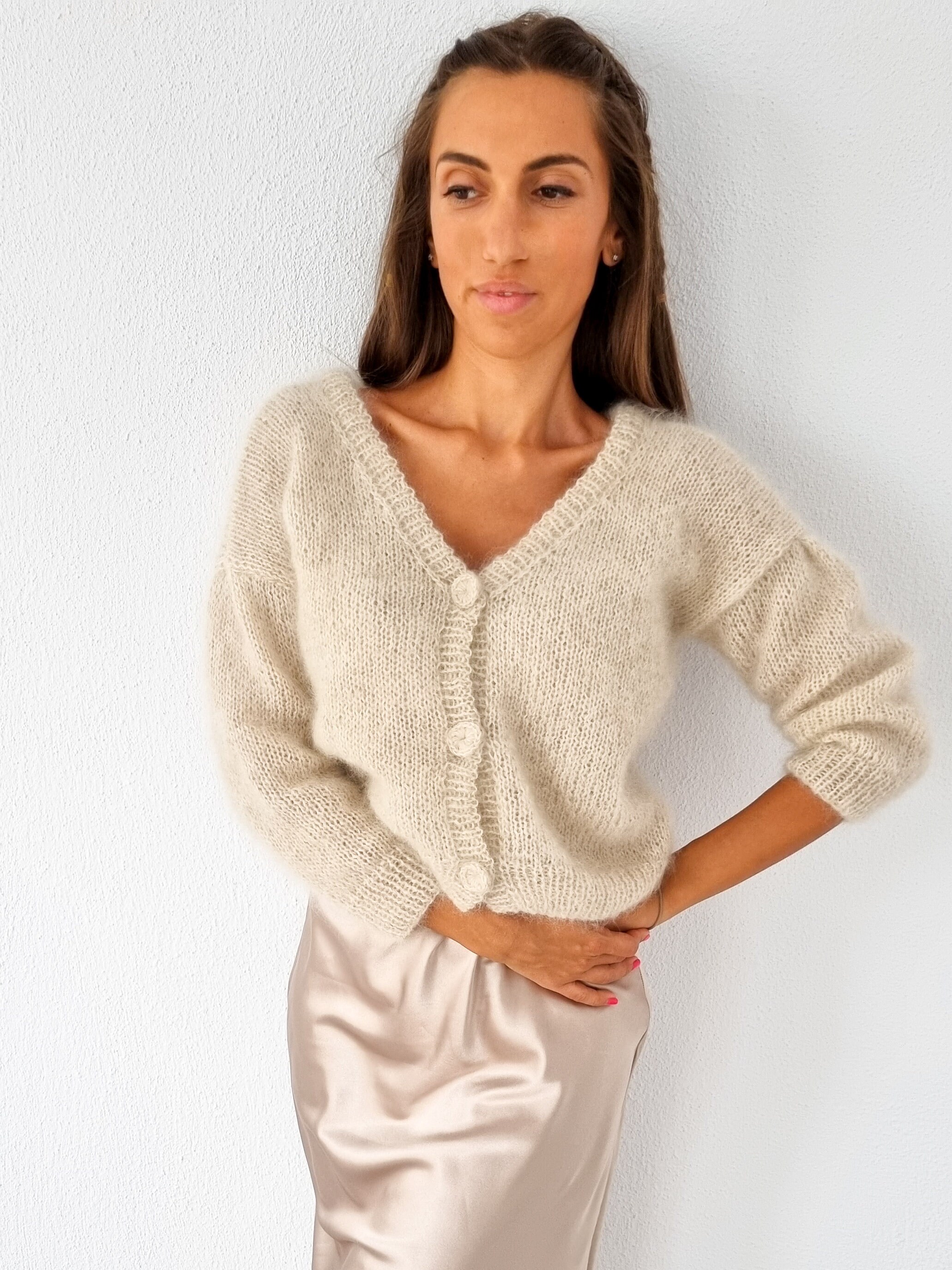 Kid Mohair Cardigan Sweater for Women, Hand Knit Designer Sweater