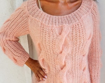 Handgebreide roze trui voor dames, luxe oversized kabelgebreide trui, mohair pullover boothals, zachte pluizige trui