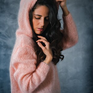 Hooded sweater for women, Oversized mohair cardigan, y2k hoodie, Knitted poncho, Chunky knit fuzzy sweater, Hooded wool top Pastel pink