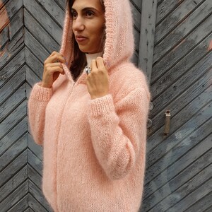 Mohair cardigan with hoodie and zipper, Fuzzy sweater, Mohair sweater hand knit, Loose knit top Pastel pink