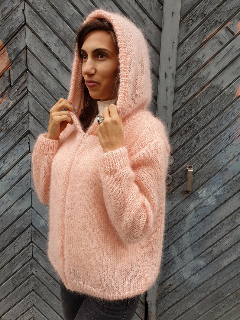 Mohair cardigan with hoodie and zipper, Fuzzy sweater, Mohair sweater hand knit, Loose knit top Pastel pink