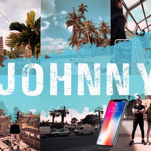 Pode incluir: Uma colagem de imagens que apresentam uma variedade de destinos de viagem, incluindo uma pagoda, palmeiras, uma rua da cidade e um edifício moderno de vidro. A palavra "JOHNNY" está escrita em letras brancas sobre um fundo azul.