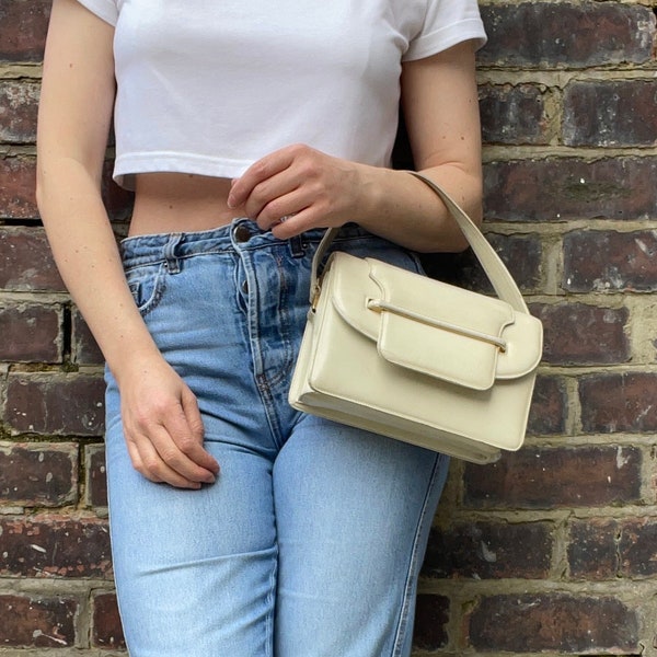 1960s Cream Leather Top Handle Bag