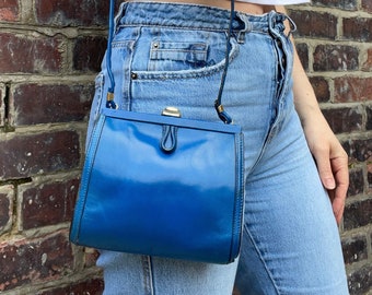 Small Square Royal Blue Leather Cross Body Bag