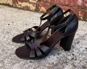 Black Leather T-Bar High Heeled Sandals