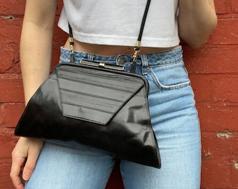 90s Shiny Black Leather Shoulder Bag