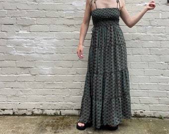 Long Teal & Brown Flower Print Sun Dress Size UK 10-12