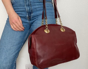 Sac à main en cuir italien rouge foncé des années 90