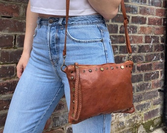 Small Studded Brown Leather Cross Body Bag