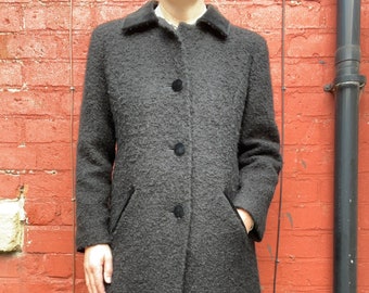 90s Boucle & Velvet Long Black Coat UK Size 12-14