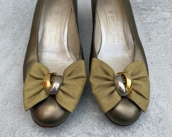 Bruno Magli Bronze Metallic Low Heeled Shoes with Fabric Bows Size UK 3.5