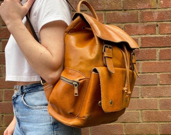 Large Thick Tan Leather Backpack / Rucksack