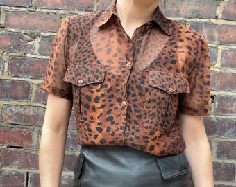 90s Leopard Print Sheer Floaty Blouse Size UK 10-12