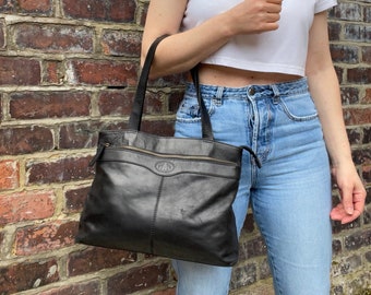 Simple Black Leather Shopper Shoulder Bag