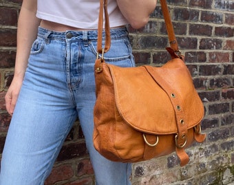Orange Tan Soft Waxy Leather Large Saddle Bag