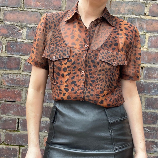 90s Leopard Print Sheer Floaty Blouse Size UK 10-12