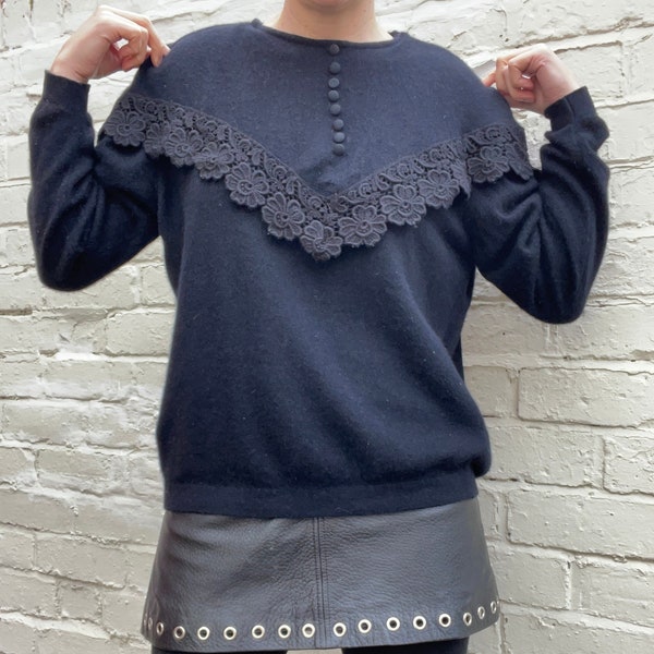 90s Bib Collar Black Wool Jumper UK Size 10-12